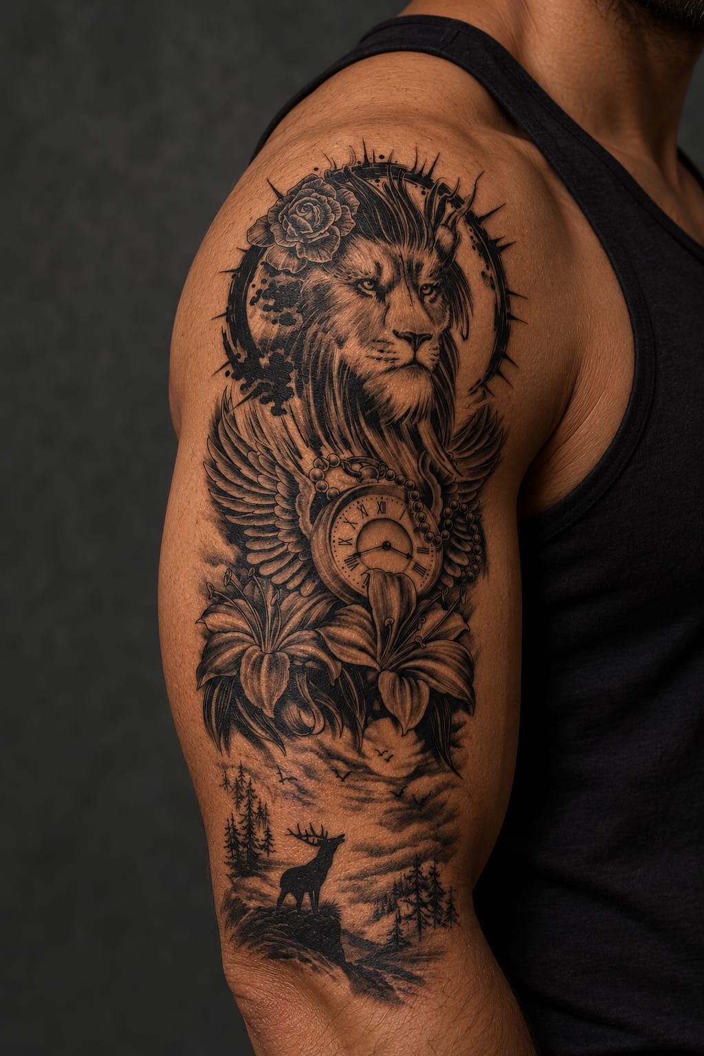 Lion, Clock & Roses Tattoo