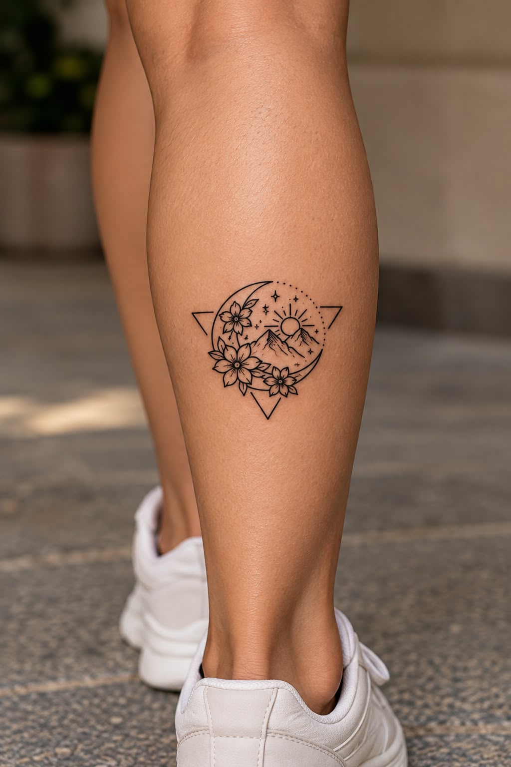 Mountain, Moon & Flowers Tattoo